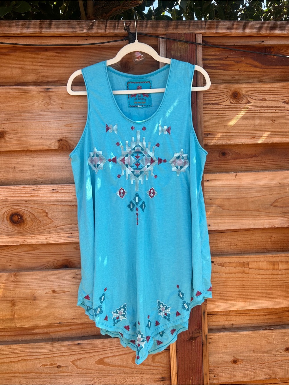 Johnny Was Blue Embroidered Boho Sleeveless Tunic Blouse Asymmetrical Hem XL